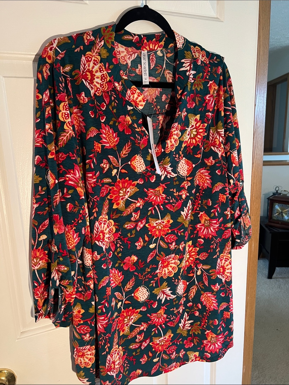 Women's Floral Split-Neck Tunic Top by Cuddl Duds - Black with Red Floral